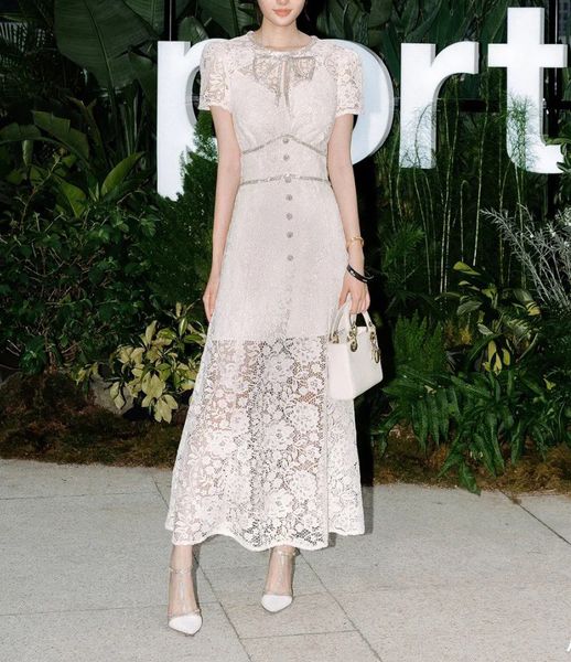 

european fashion brand early autumn short sleeve ivory white bow lace dress, Black