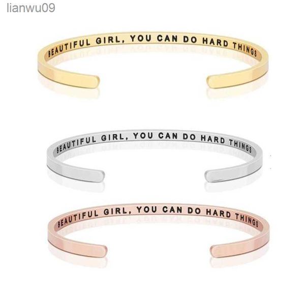 

4mm woman bracelet inspirational engraved cuff bangles "beautiful girlyou can do hard things"stainless steel daily friend gift l23, Black