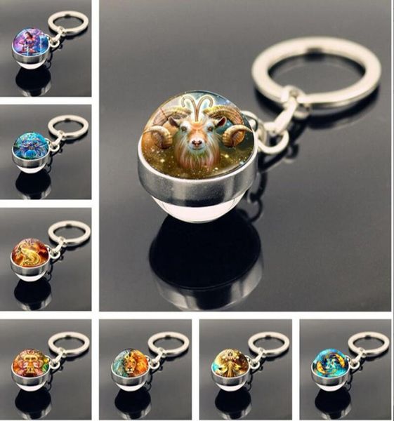 

12 zodiac sign keyholders double side glass ball crystal key rings scorpio leo aries constellation keychain women men jewelry birt4911817, Slivery;golden