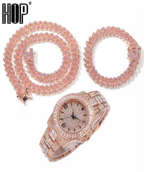 

chains hip hop baguette watchnecklaces bracelet 12mm iced out paved pink rhinestones miami prong cuban chain for women men jewel4011889, Silver