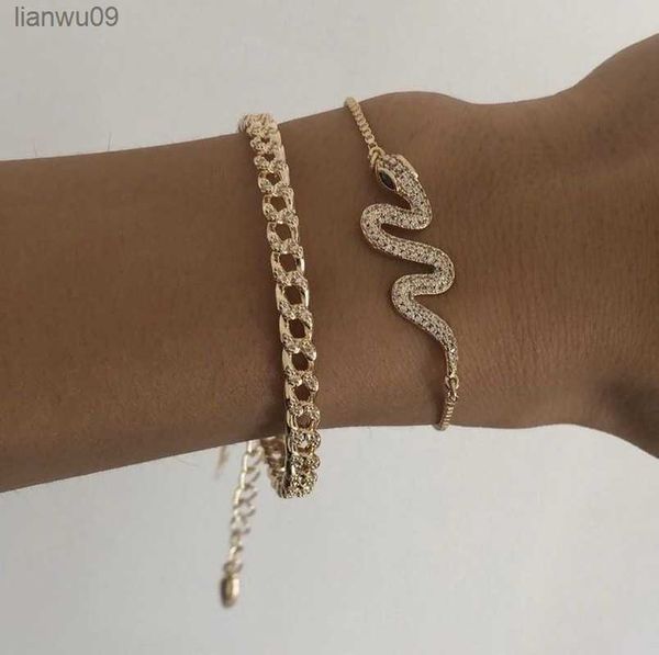 

punk indian chunky chain snake bracelet bangle set for women gold color serpent crystal multilayer charm bracelets boho jewelry l230704, Black