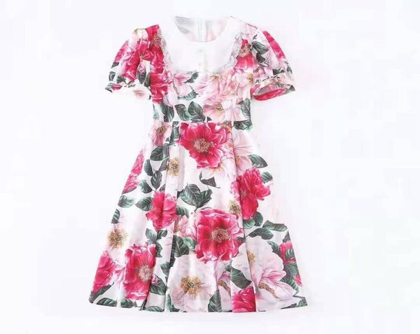 

european and american women039s wear for spring 2021 with short sleeves round collar floral print fashion pleated dress1520288, Black;gray