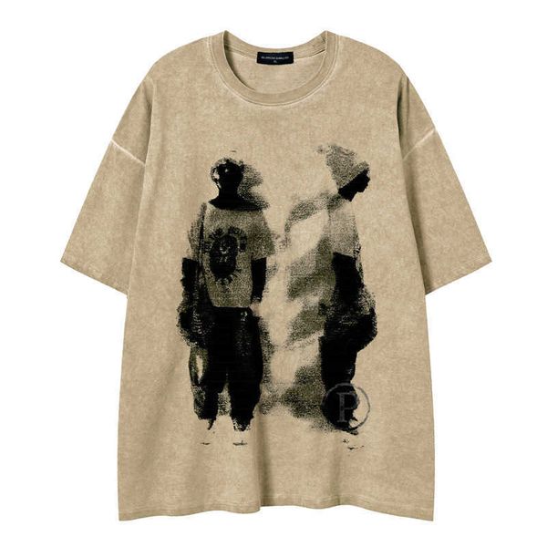 

loose round neck pullover men's t-shirt summer abstract print straight sleeve drop shoulder sleeve pure cotton short sleeve t-shirt cou, White;black