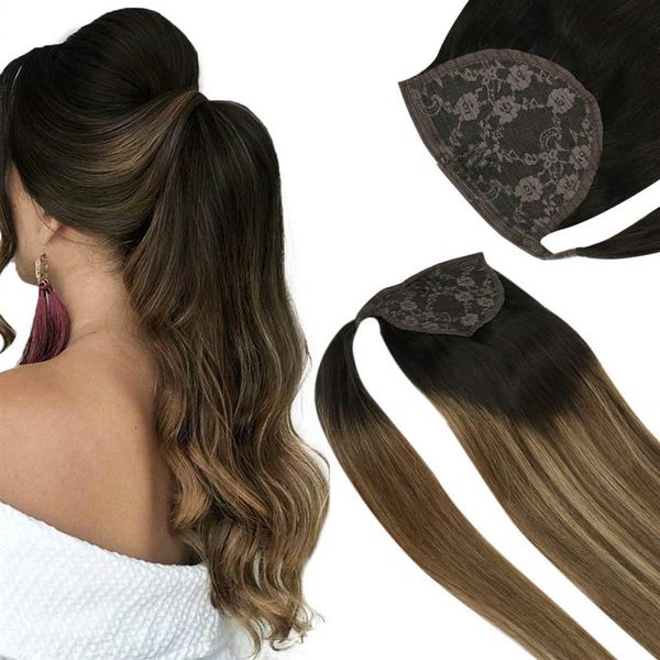 

balayage human hair ponytail virgin brazilian wrap around clip in ponytail extensions slik straight highlights remy pnytail hair229a, Black