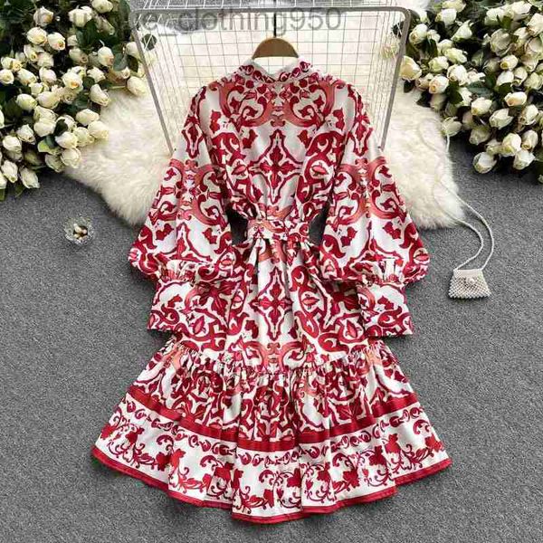 

retro womens luxury casual dress new stand-up collar print lantern sleeve waist tie single-breasted shirt, Black;gray