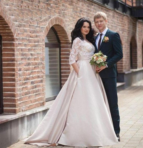 

elegant simple elegant plus size wedding dresses v neck half sleeves satin lace appliques wedding bridal gowns covered buttons4508289, White