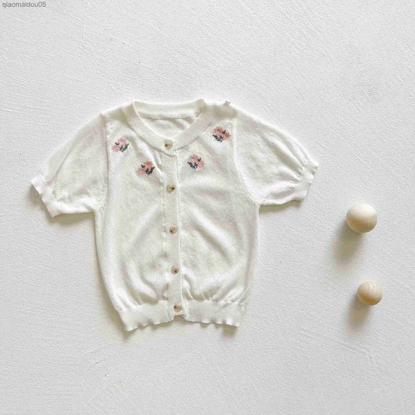 

knitted baby girls cardigan coat summer eembroidered handmade knitwear kids jacket short sleeve toddler sweaters for girls coat l230712, Blue;gray