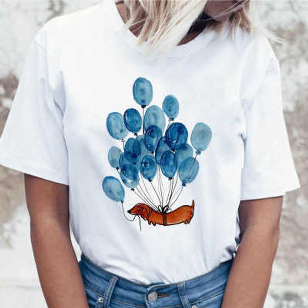 

summer women's fashion t-shirt short sleeve cartoon dog love print t-shirt short sleeve women's t-shirt, White