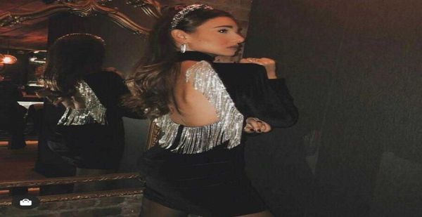 

women designer bling tassel full sleeve black night club dress mini backless evening celebrity party vestido 2105274760618, Black;gray