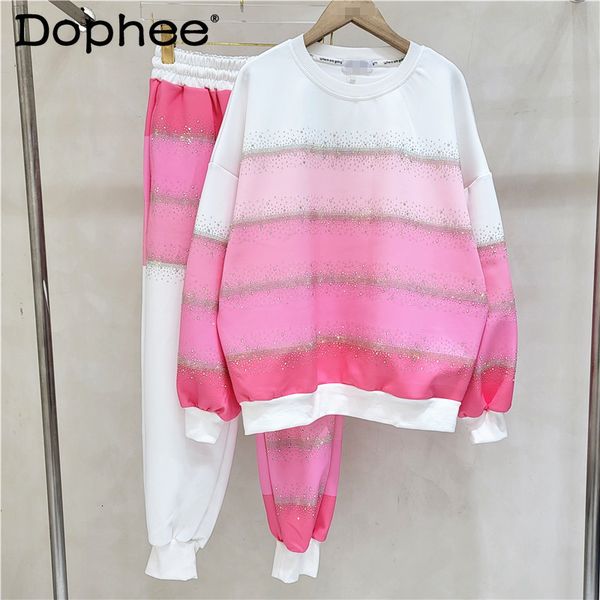 

women s two piece pants drilling pink pullover sweatshirt women hoodies 2023 spring tracksuit fashion elastic casual female two piece set 23, White