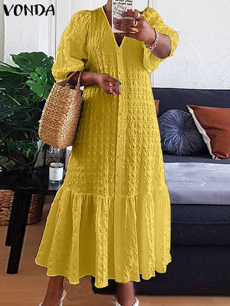 

plus size dresses size 5xl vonda women shirt dress 2023 summer v neck buttons half sleeve long maxi vestidos bohemian elegant party robe 230, Black