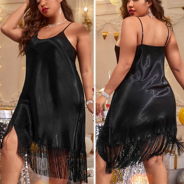 

pyjamas large size 3xl-5xl nightgown with tassel black lady sleepdress spaghetti strap nightwear chemise sleepwear satin lingerie 230720, Red;black