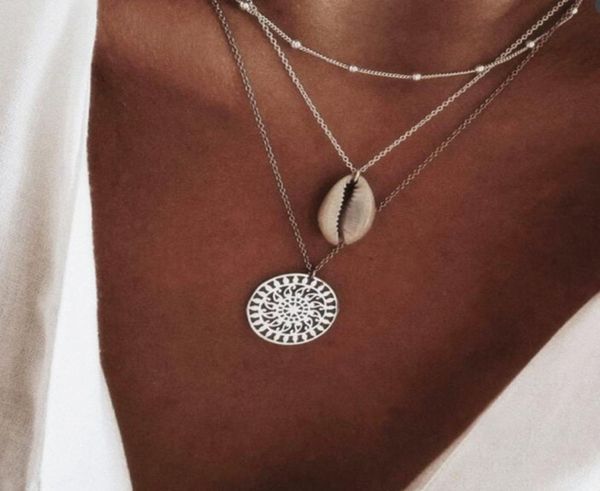 

boho multilayer shell pendant necklace for women long chain round charm statement choker necklace wedding jewelry8494927, Silver