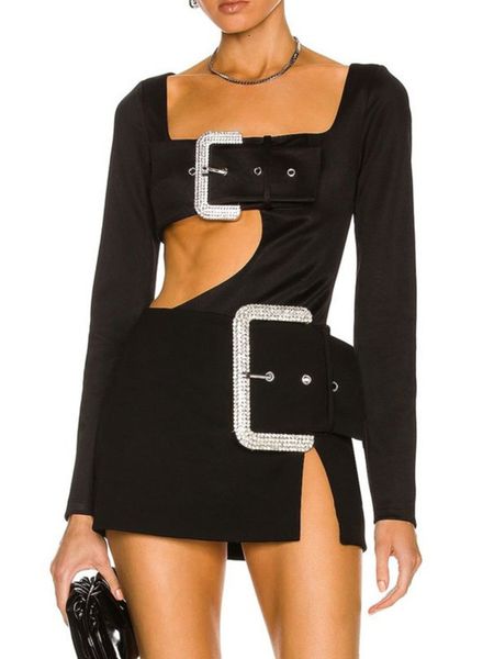 

urban dresses prepomp autumn long sleeve square collar diamonds buckle belt hollow out waist black bodysuits short skirt two piece set gg725, White;black