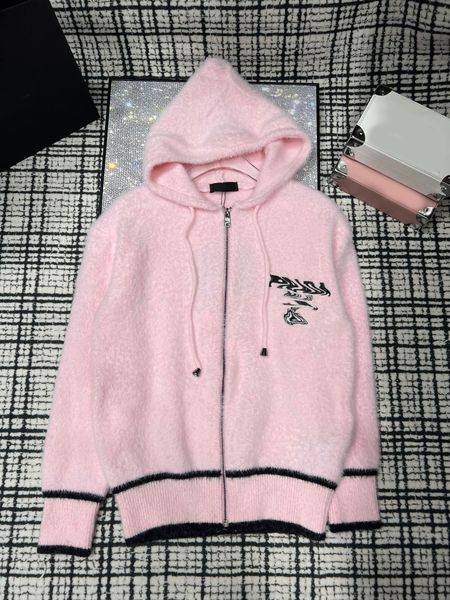 

autumn winter women's pink knitted hooded pullover casual oversized sweater 2023 letter embroidery fashion jacket top, Black;brown