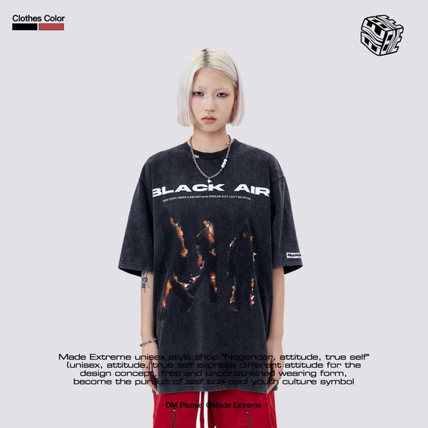 

blackair american street fashion brand men's washable old flame couple print short sleeve t-shirt for men and women, White;black