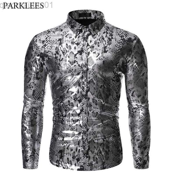 

men's casual shirts snake pattern metallic shirt men 2019 fashion new slim fit long sleeve social shirt male party nightclub prom chemi, White;black