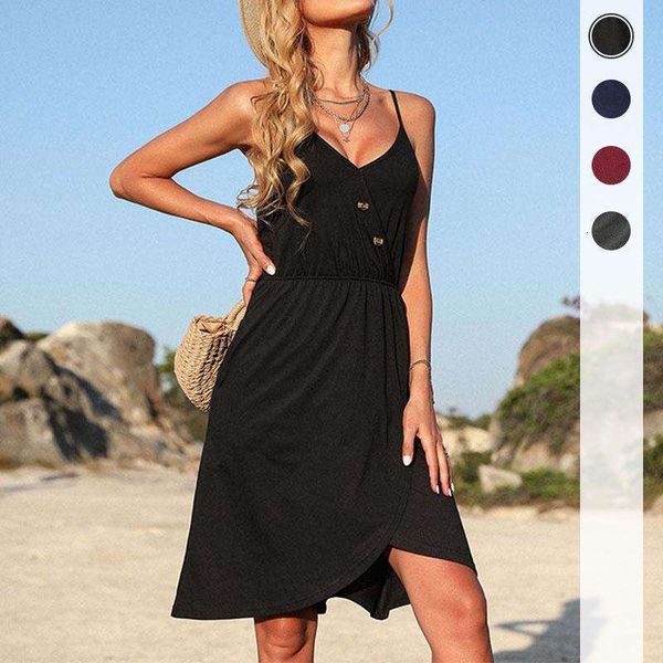 

summer womens backless pure color straps irregular dress, Black;gray