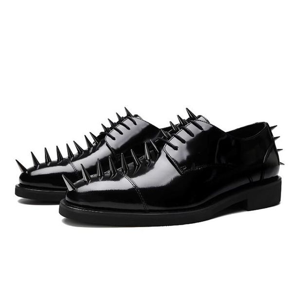 

mens rivets studded party dress shoes new designer cowhide genuine leather formal shoes lace up british style derby shoes, Black