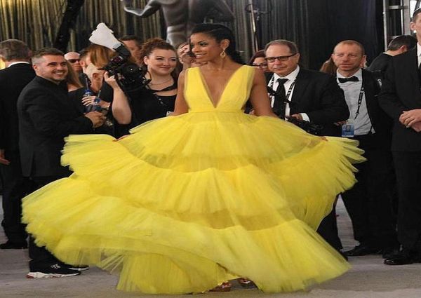 

red carpet yellow dresses evening wear deep v neck tutu tulle vestidos de fiesta tiered cutaway sides prom dress2206304, Black