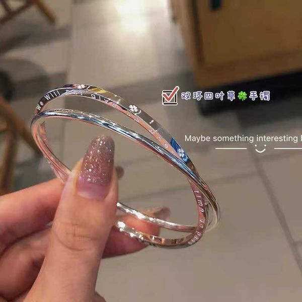 

double four-leaf clover for female summer simple plain ring overlapping smooth lucky grass bracelet, Golden;silver