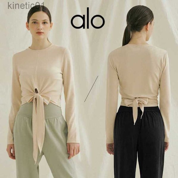 

2023 desginer alo yoga t shirt alolong-sleeved bandaged suit sports fitness suit lace up waist fitting running t-shirt top, White