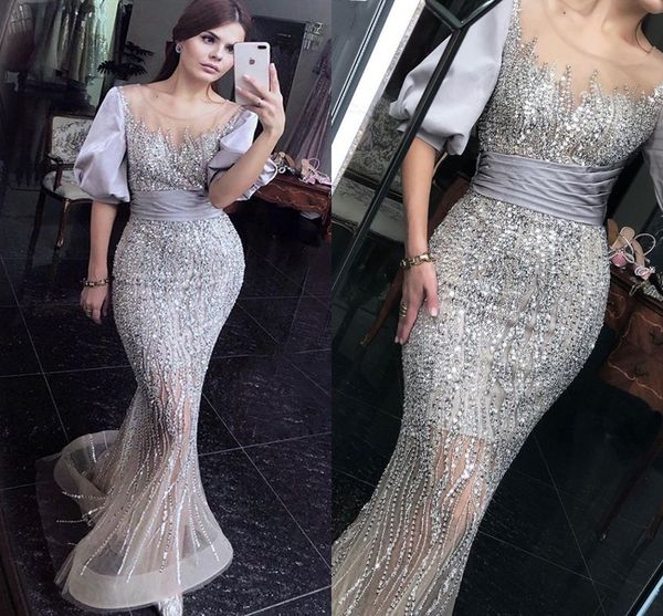 

luxury silver mermaid formal prom dresses 2023 scoop short puffy sleeves beading crystal arabic dubai women birthday evening gowns customed, Black