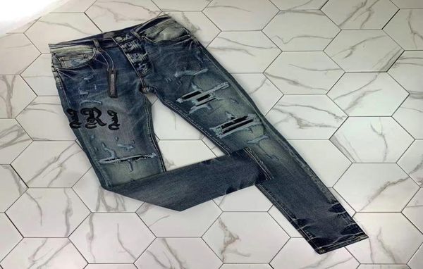 

hm 330 blue mens jeans distressed motorcycle biker jean rock skinny slim ripped hole stripe fashionable snake embroid3304524