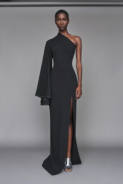 

elegant long black crepe evening dresses with slit mermaid one shoulder small train pleats zipper back prom dresses for women, Black;red