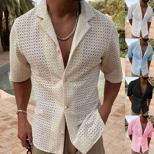 

men's casual shirts new fashion men's summer shirts hollow out hawaiian man design shirt vintage short sleeve cardigan button shi, White;black