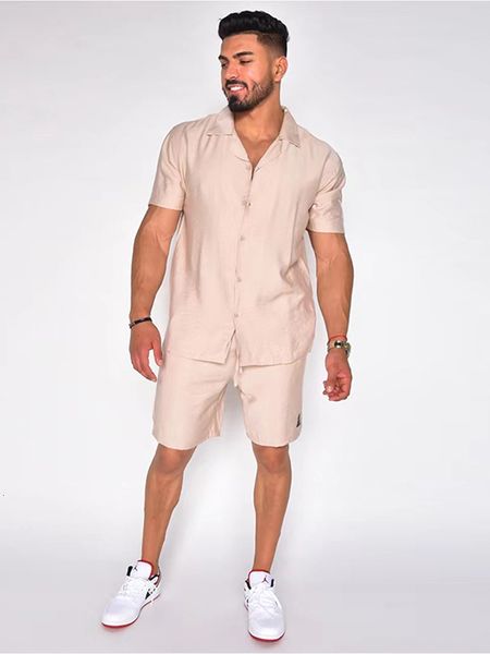 

men's tracksuits casual cotton linen two piece clothing fashion solid loose sets short sleeve button shirts and shorts suits men street, Gray