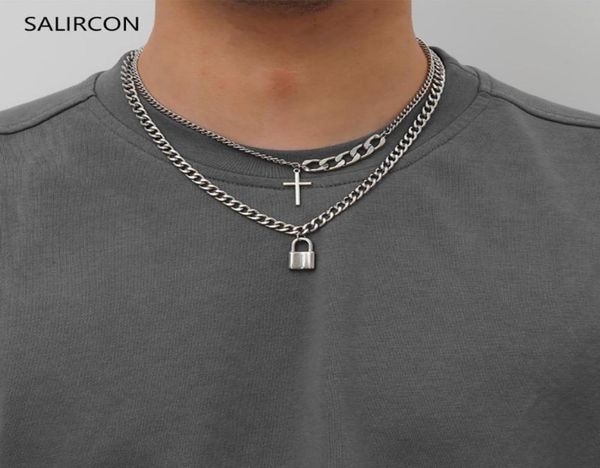 

salircon cross lock pendant necklace punk chunky choker hiphop silver color chain necklaces for women men goth collar jewelry4632658