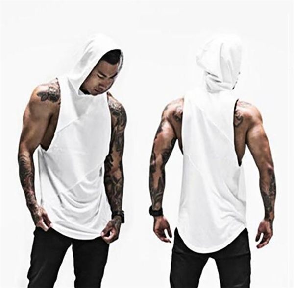 

muscleguys solid sleeveless shirt with hoody patchwork gym clothing fitness men bodybuilding stringer tank hoodies singlets 24371299, White;black