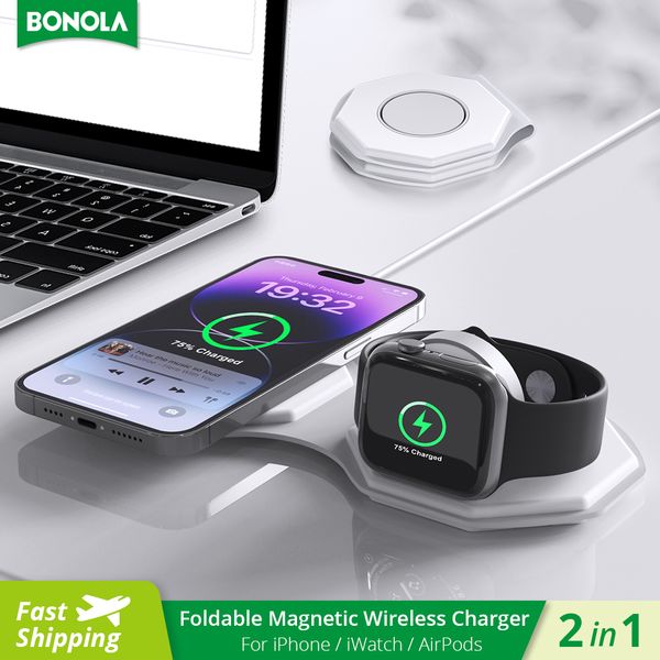 

bonola 2 in 1 portable foldable wireless charger for apple watch8/se/iphone8/x/xs/xr/11/12/13/14 magnetic 15w fast wireless charging with st