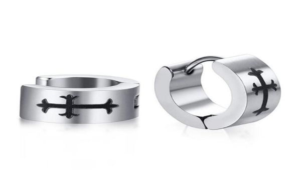 

high polished kpop mens stainless steel christian prayer hoop huggie earrings7698930, Golden;silver