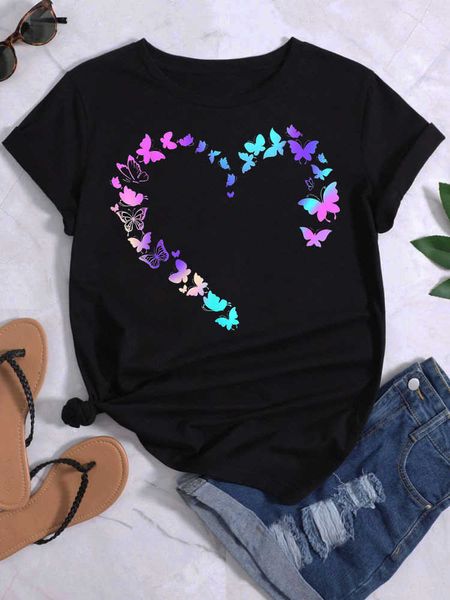 

butterfly heart print t shirt summer women t shirt hara, White