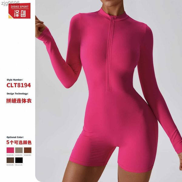 

2023 designer zechuang open neck zipper long sleeve boilersuit dance fitness one-piece suit tight yoga suit women 8194, White