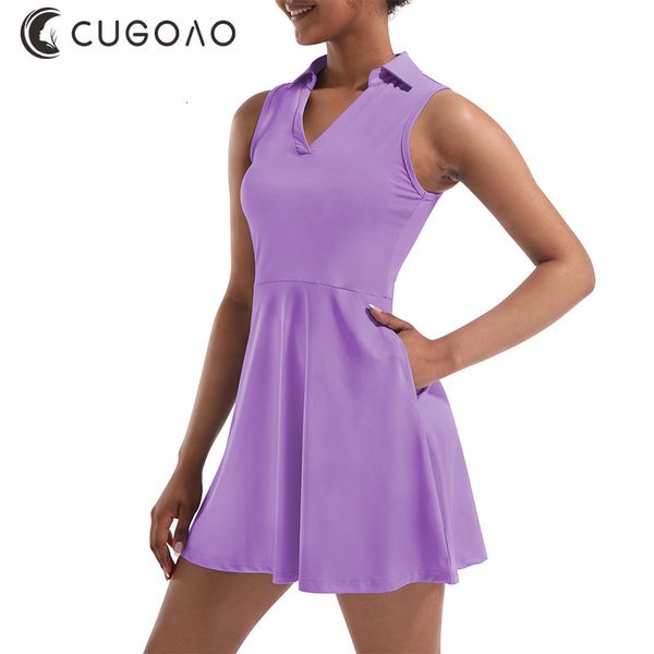 

basic casual dresses cugoao fashion purple 2pcs tennis dress suit solid sleeveless turn-down collar badmintan golf tennis dresses vestidos d, Black;gray