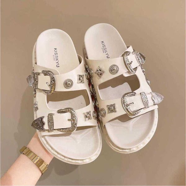 

sandals summer punk rock women slippers rivets platform leather mules creative metal fittings female casual shoe slides 230417, Black