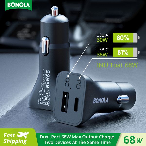 

Bonola iPhone8/13/12/11/X/XR/XS/Xiaomi/Samsung Mobile Phone QC 3.0 4.0 Type C Car adapter 100W Dual Ports USB PD Car Charger Use with wireless charging BX10