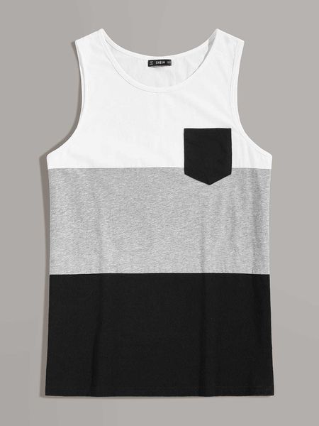 

men' fashion homme men cotton color-block pocket patch top, White;black