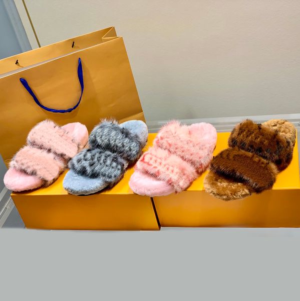 

designer mink hair sandals fashion women's slippers warm and comfortable slippers winter fur fluffy furry warm letter sandals comfortab, Black