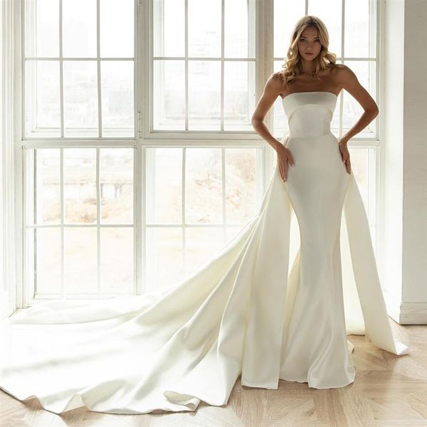 

elegant simple satin mermaid wedding dress bridal gown with detachable train strapless backless vestido de noiva robe de mariee282t, White