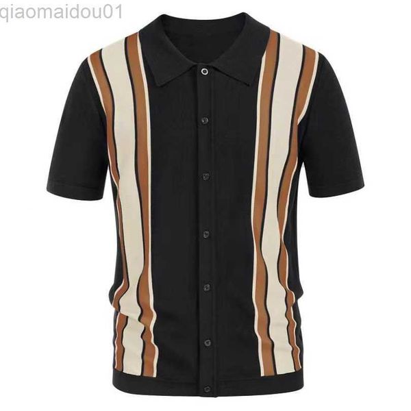 

men's casual shirts 2023 spring summer men short sleeve polo lapel cardigan stripe stitching knit men polo tee shirt camisa hombre l230, White;black