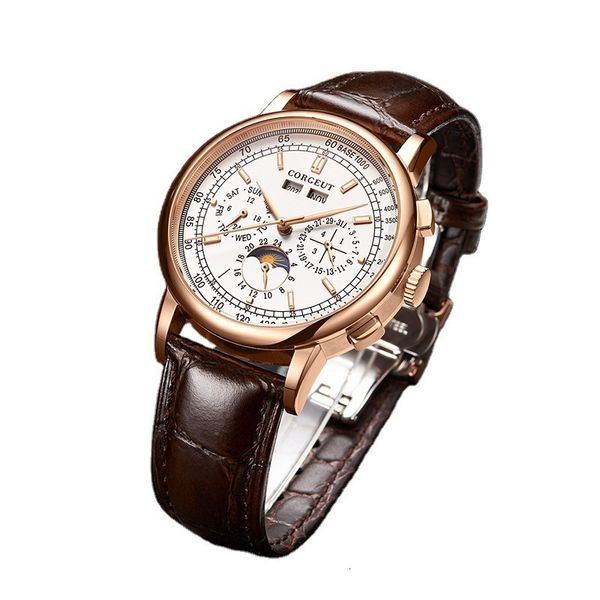 

wristwatches corgeut 42mm automatic mens watch week date month year rose gold dial moon phase multifunction 316l leather strap polished 2303, Slivery;brown