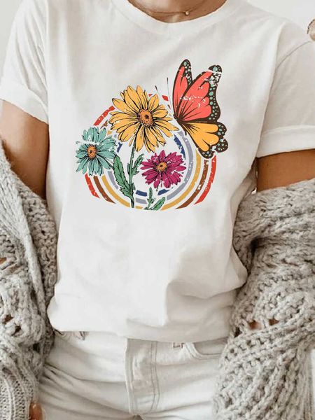 

short sleeved t-shirt female summer butterfly printed t-shirt female summer sunflower short sleeved european women's t-shirt, White