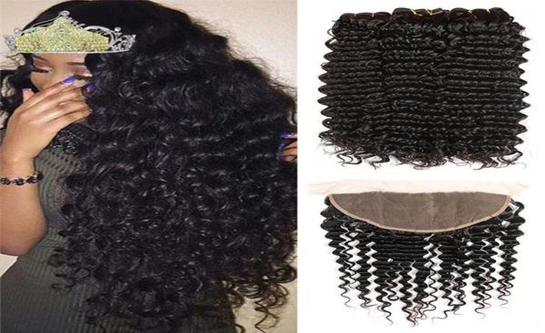 

deep curly 3 bundles with frontal remy human hair 13x4 lace frontal malaysian wave closure3511262, Black