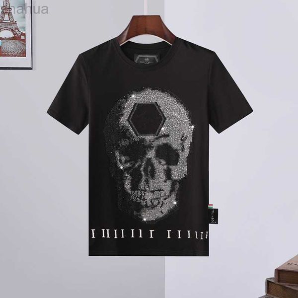 

men's summer breathable t-shirt skull letter rhinestone round neck comfortable top, White;black