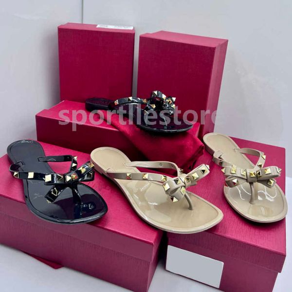 

femininas valentinolies designers new woman beach summer flat sandals rivets sandalias big bowknot jelly flip flops sandals v4k6 c5pu, Black