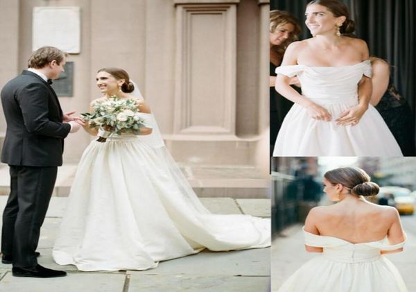 

simple white offtheshoulder ruffle draped wedding dresses vintage customize short sleeve zipper back sweep train bridal039s g9040060